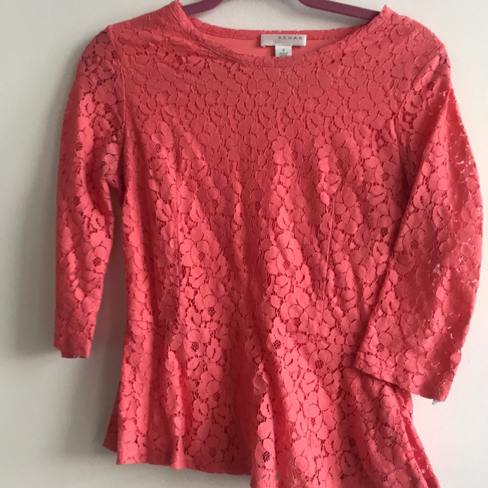 Coral lace 3/4 sleeve peplum blouse